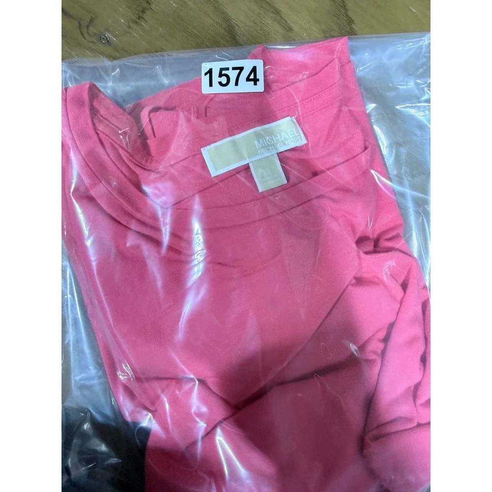 Michael Kors Ruffle Sleeve Top Women XL Pink Crew Neck Short Sleeve Logo
